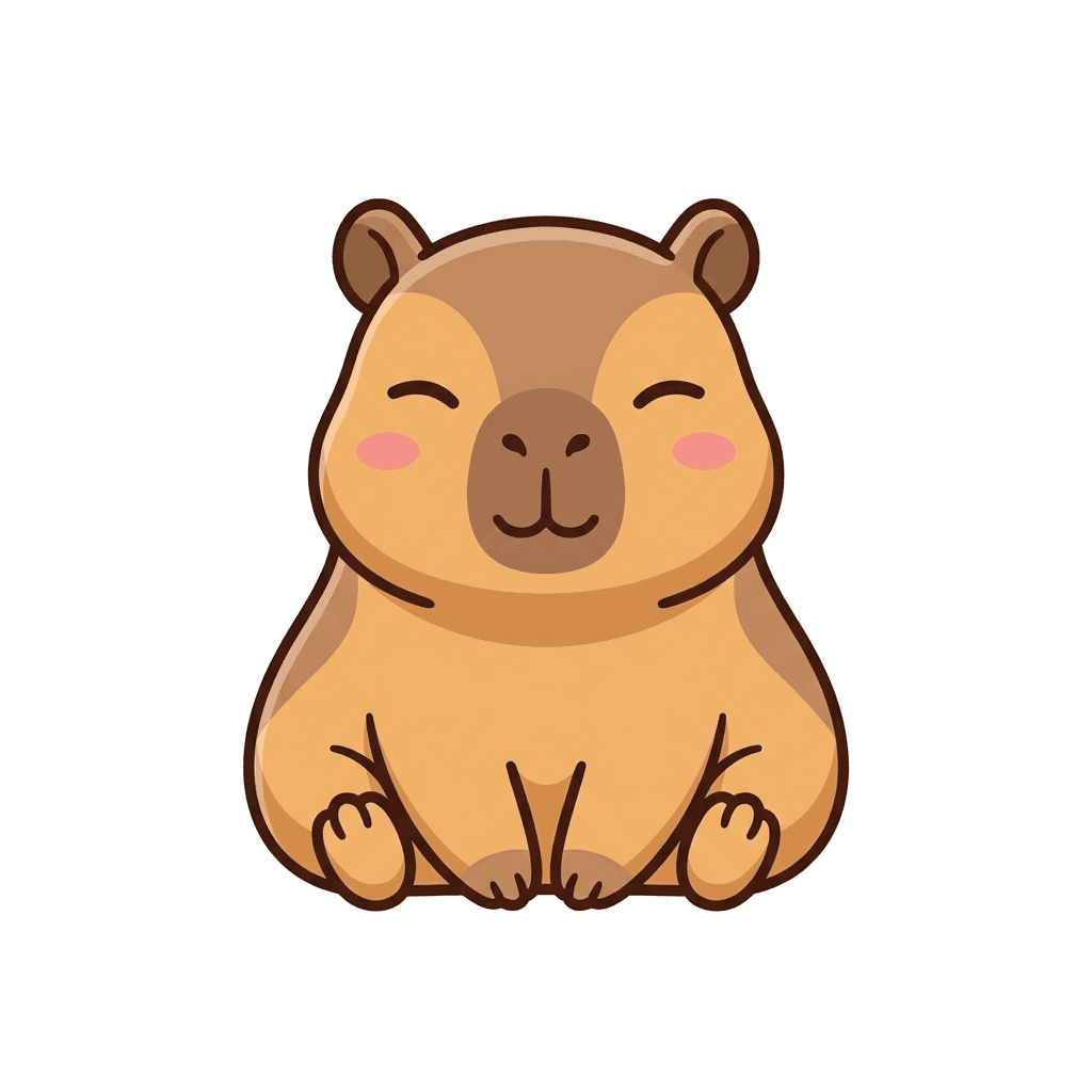 Chibi capybara mascot, sitting and smiling